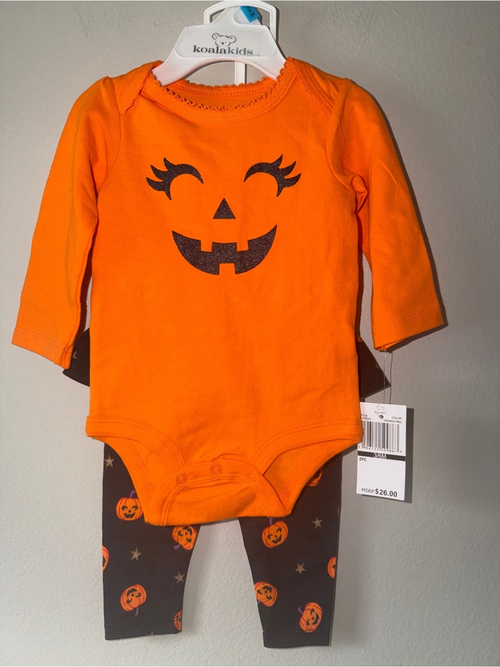 Koala Kids Orange Pumpkin Face Bodysuit with Black Pumpkin Leggings